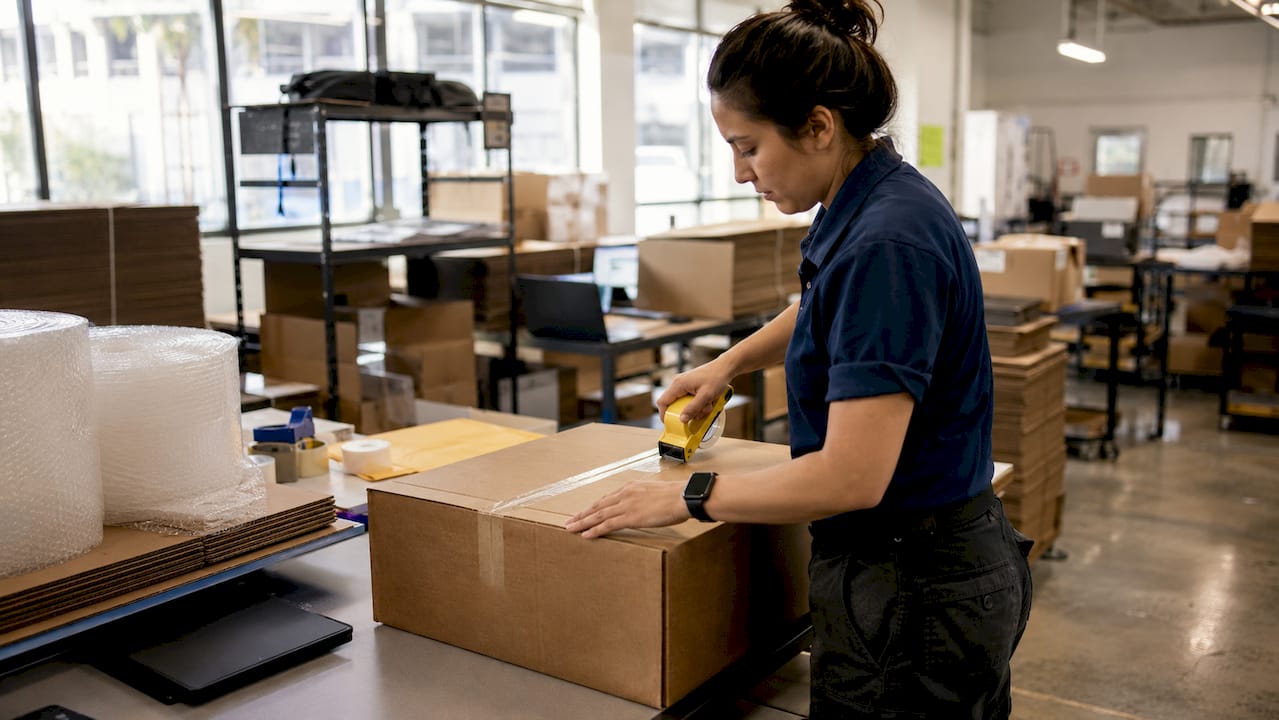 Hands packing seller fulfilled shipment box
