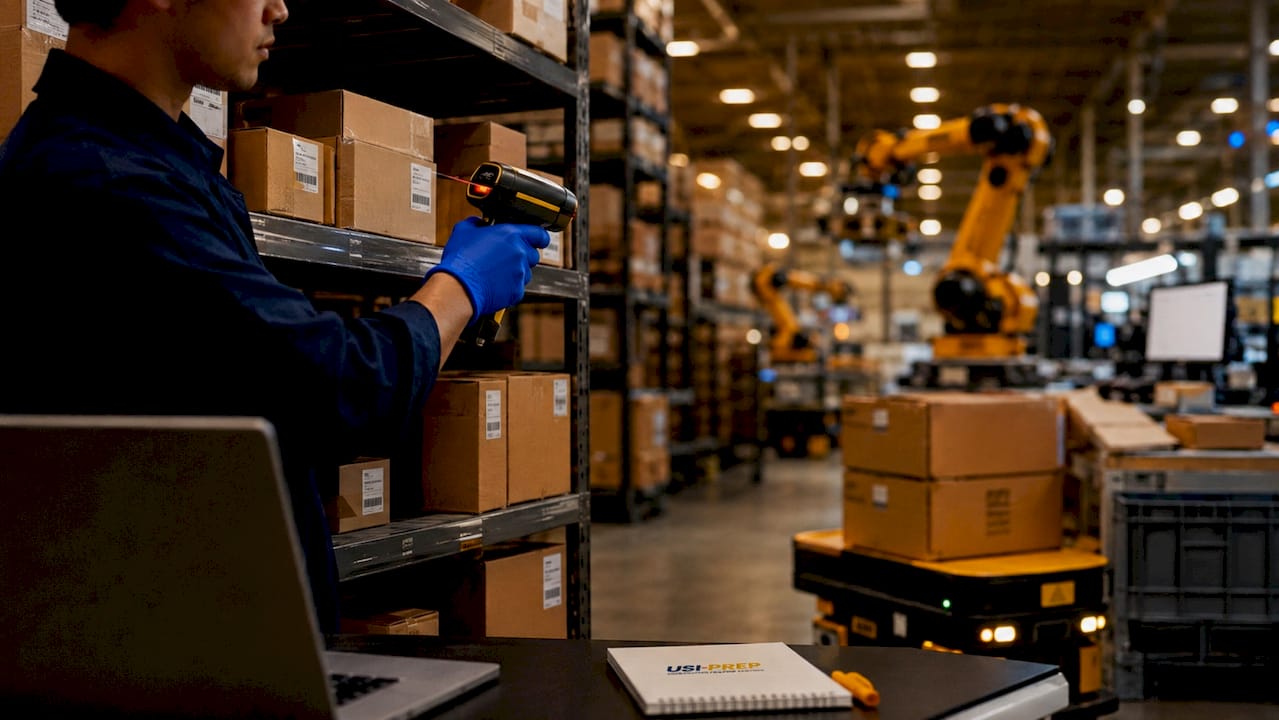 Close-up of hands scanning inventory with handheld device