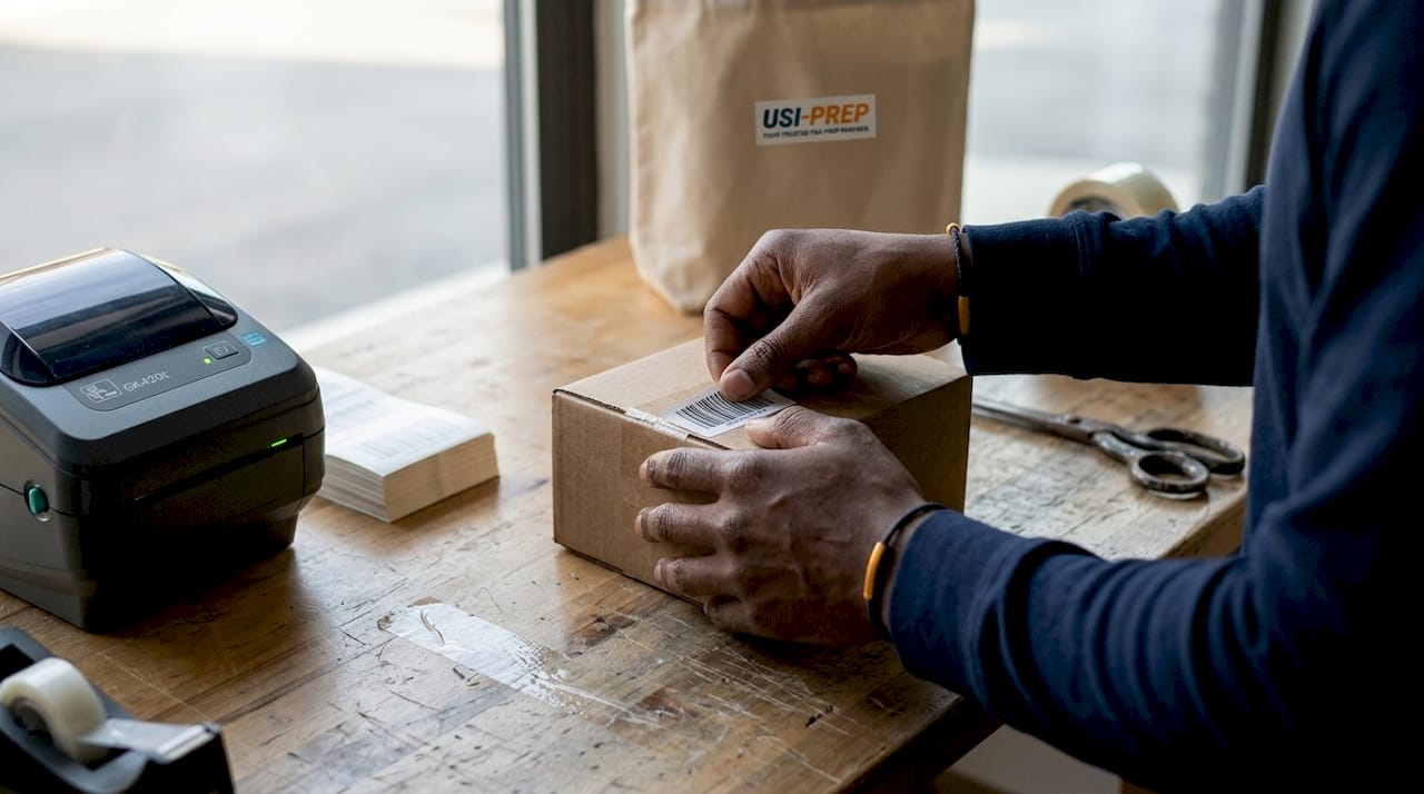 Hands applying Walmart label on packaged product