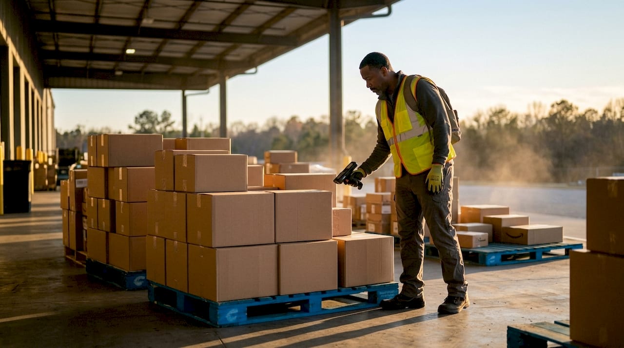 Warehouse worker scanning packages at 3PL center