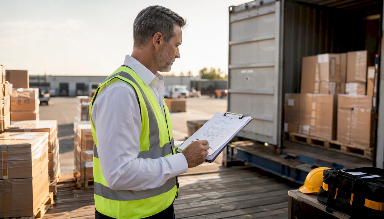 Warehouse manager inspecting inbound freight shipment