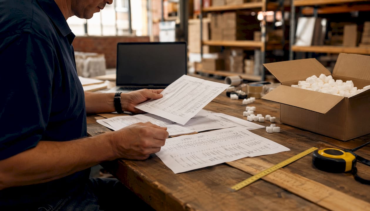 Hands analyzing shipping invoices and packaging