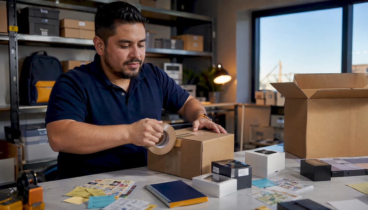 Hands packing products into shipping boxes in warehouse