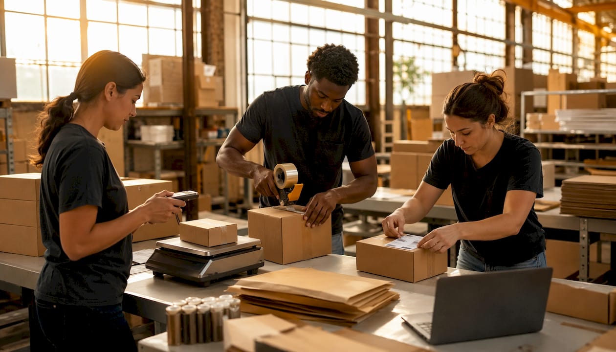 Hands packing parcels at warehouse packing station