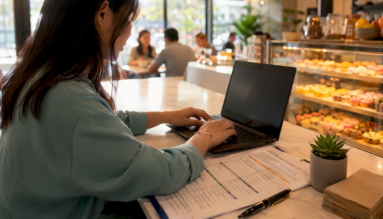 Hands typing near pricing checklist on desk