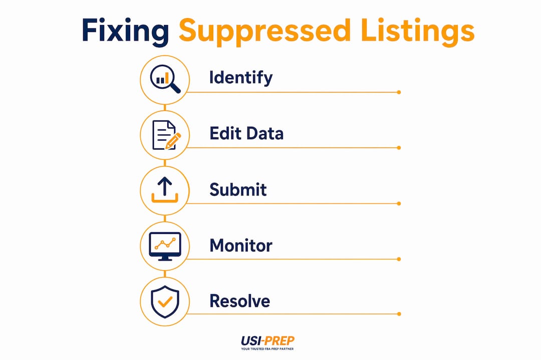 Infographic of steps to fix suppressed Amazon listings