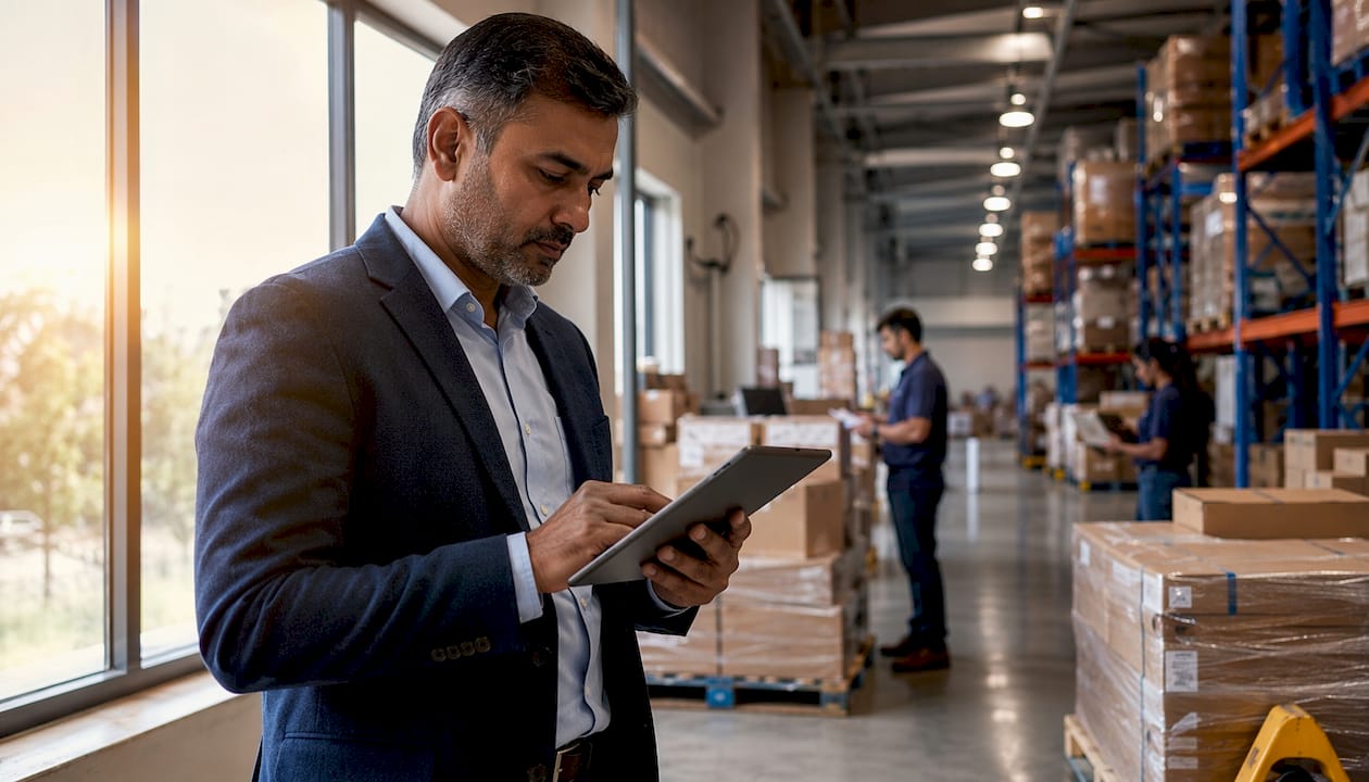 Hands typing on keyboard in warehouse office