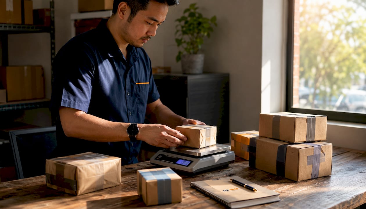 Postal worker weighing parcels for shipping