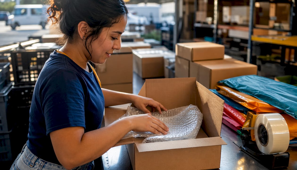 Packing worker preparing boxes