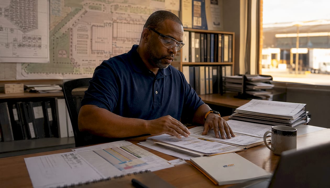 Warehouse manager organizing staffing documents