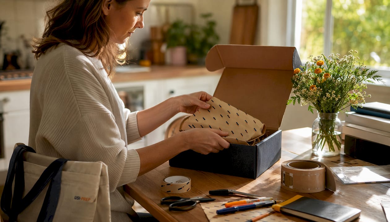 Hands wrapping product in branded packaging box