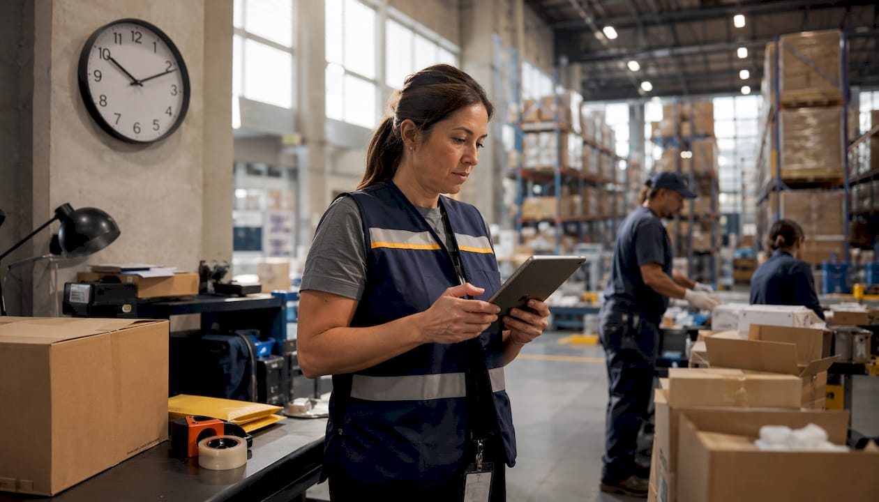 Hands managing order routing on tablet in warehouse office