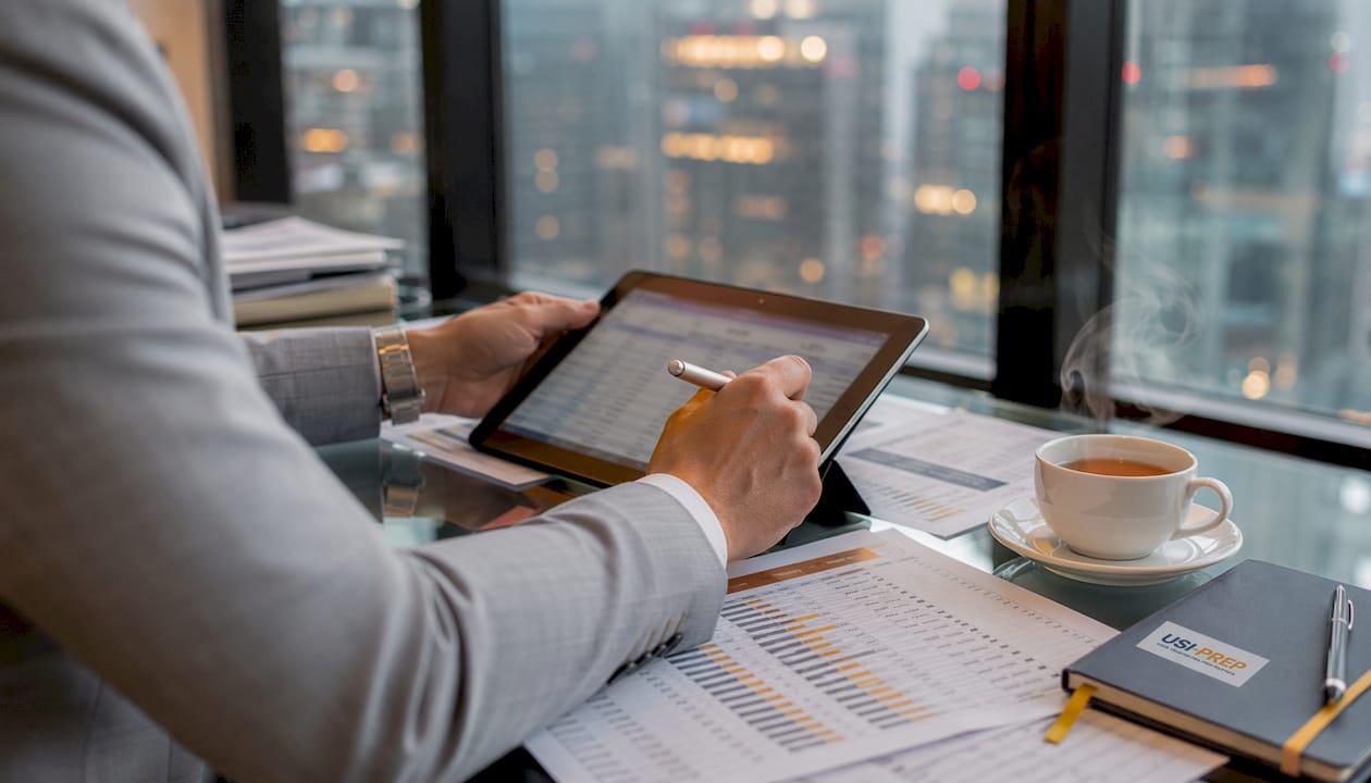 Hands reviewing inventory on tablet with documents