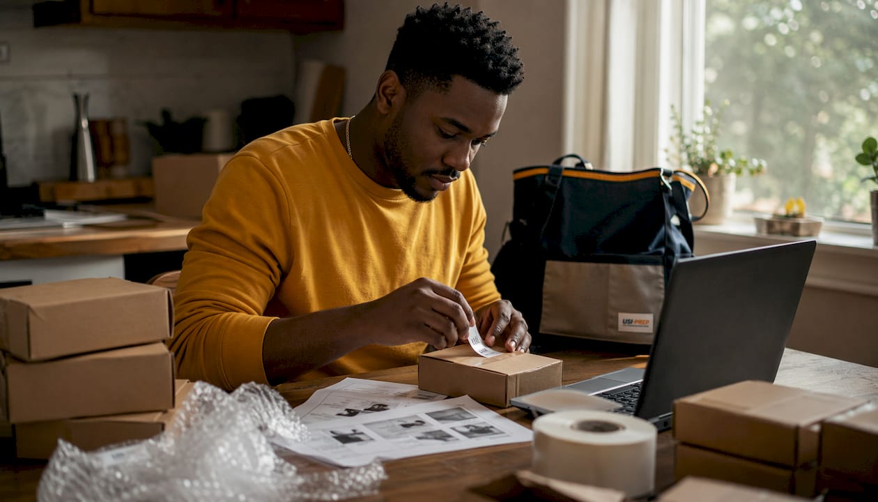 Small seller labeling packages at desk