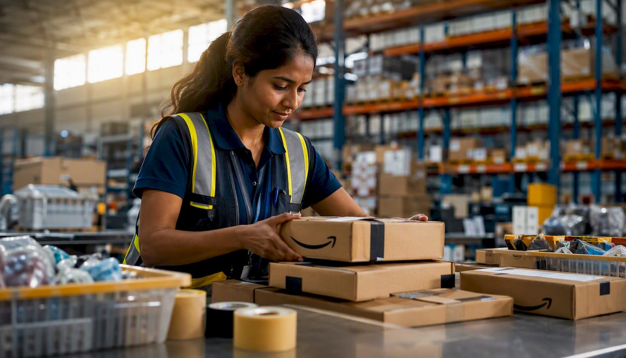 Usiprep warehouse employee packing shipments