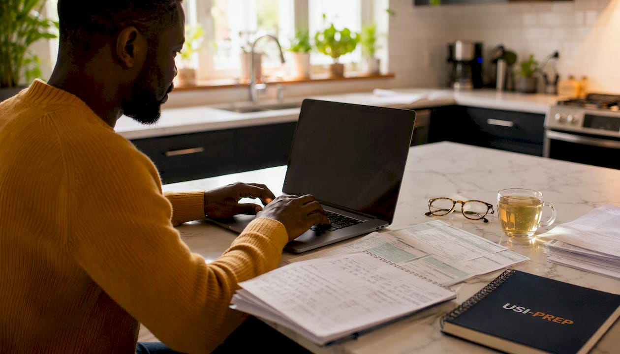 Hands typing with tax documents and laptop