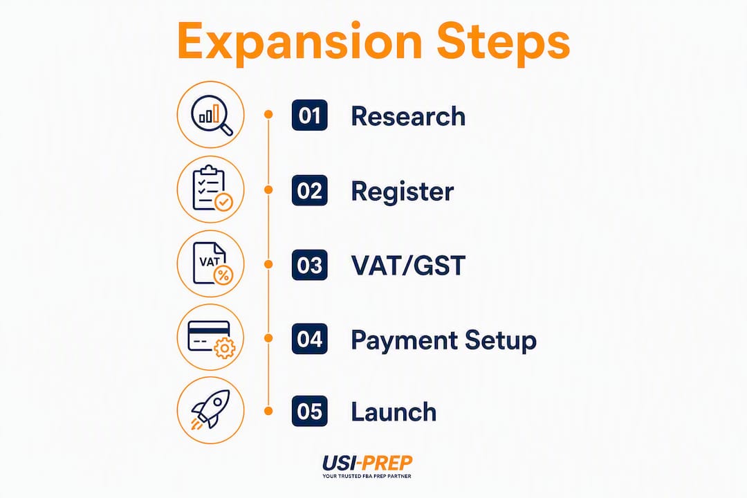 Infographic showing steps for Amazon international expansion