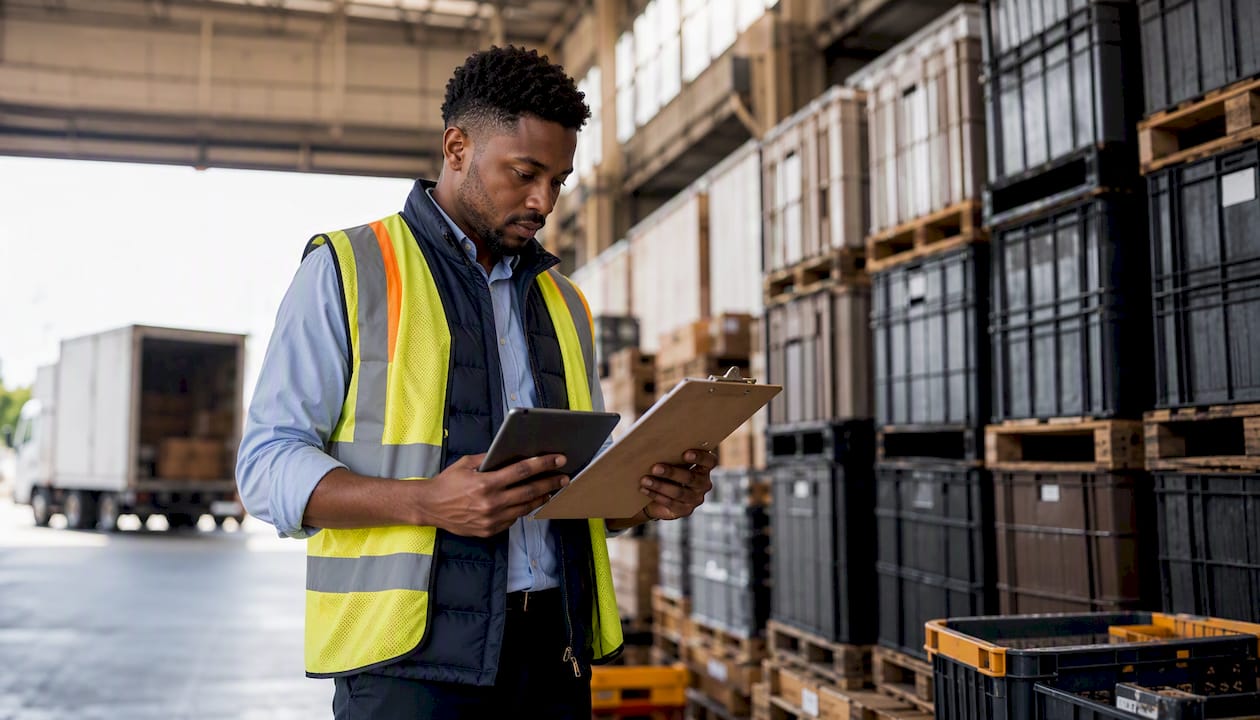Warehouse worker assessing inventory storage costs