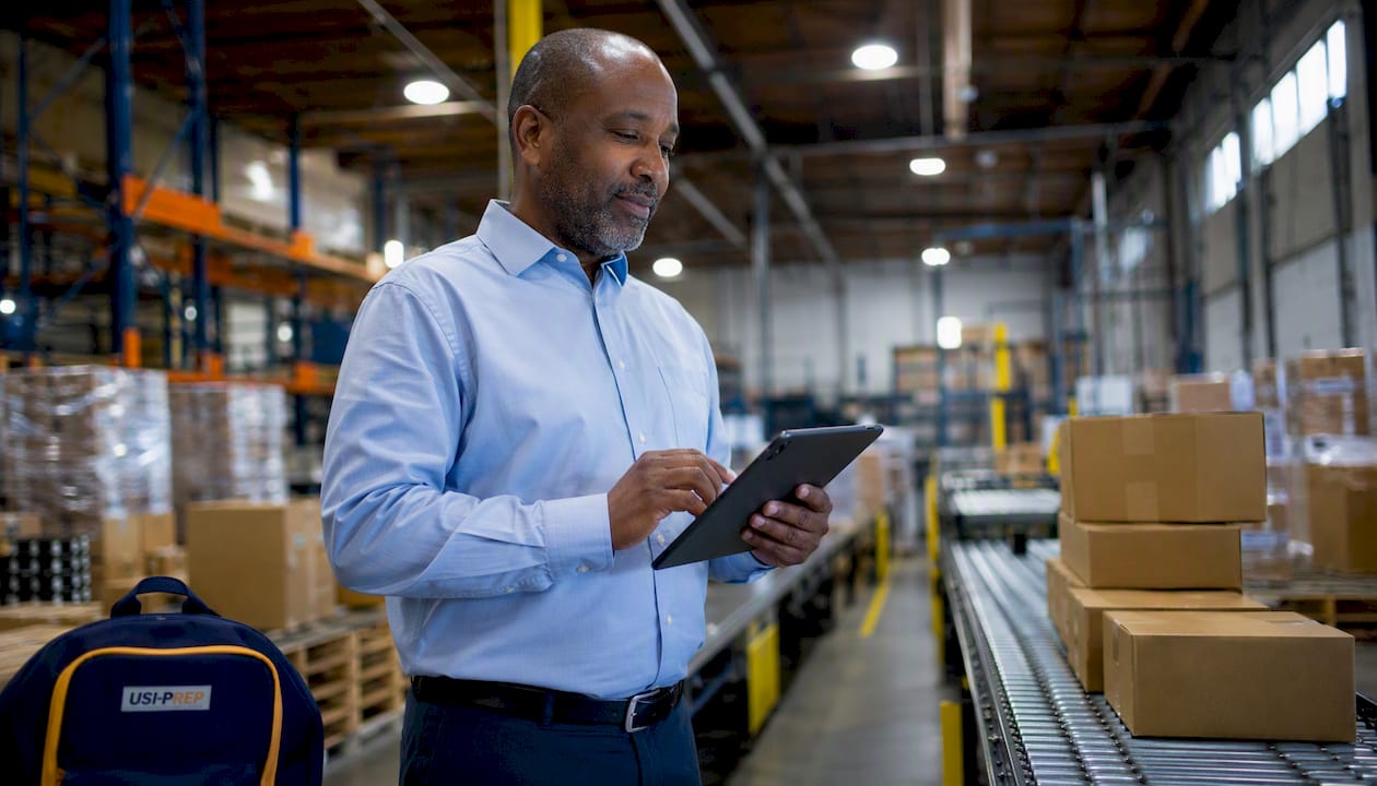Hands using tablet in fulfillment warehouse