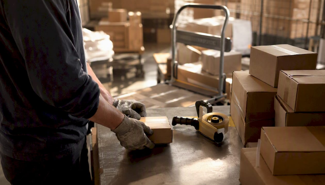 Hands sorting parcels on shipping conveyor