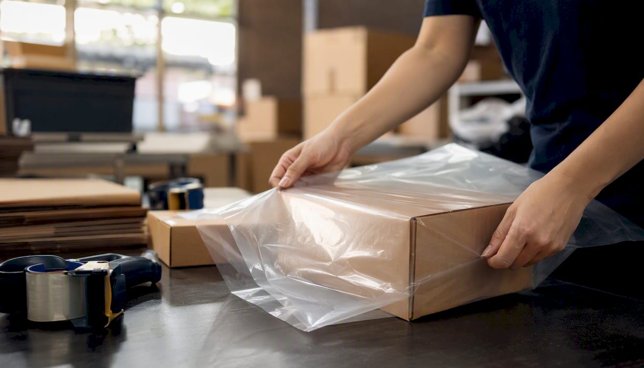Hands applying polybag to carton in warehouse