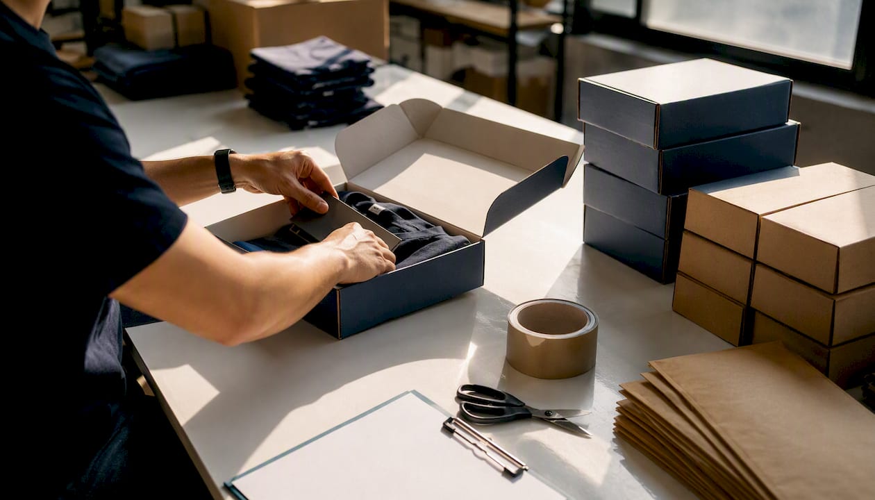 Hands assembling subscription box in warehouse