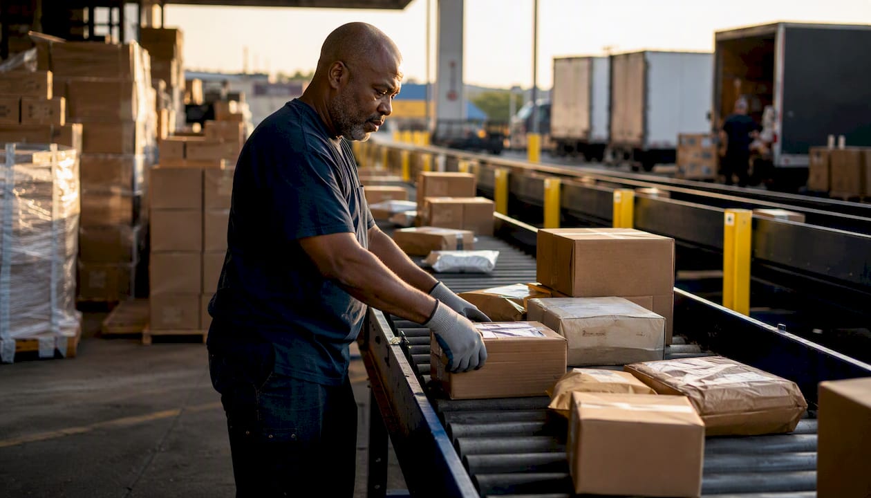 Hands sorting packages in 3PL warehouse