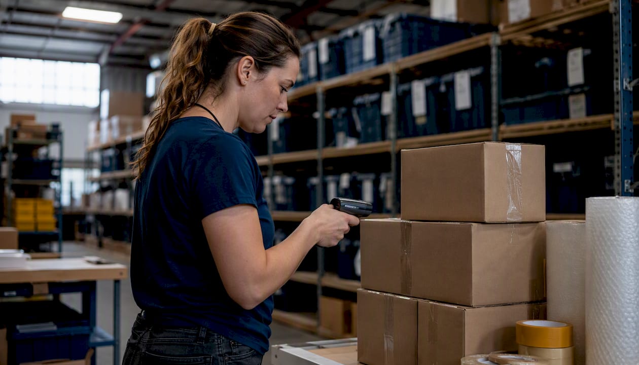 Warehouse worker scanning inventory label