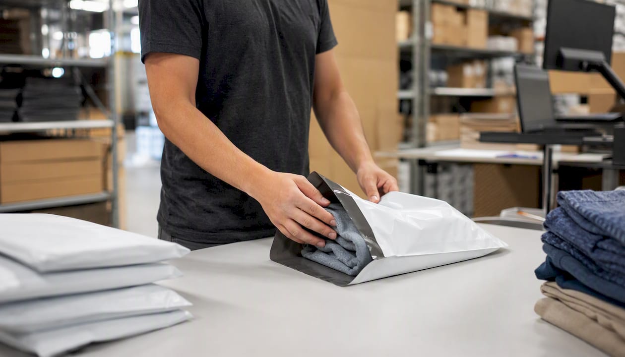 Hands packing soft goods into poly mailer in warehouse