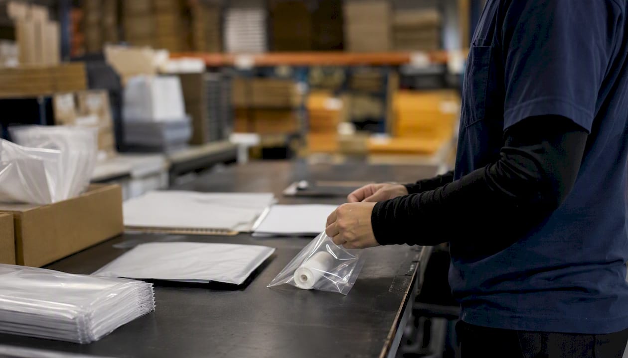 Hands heat-shrinking product bags in warehouse