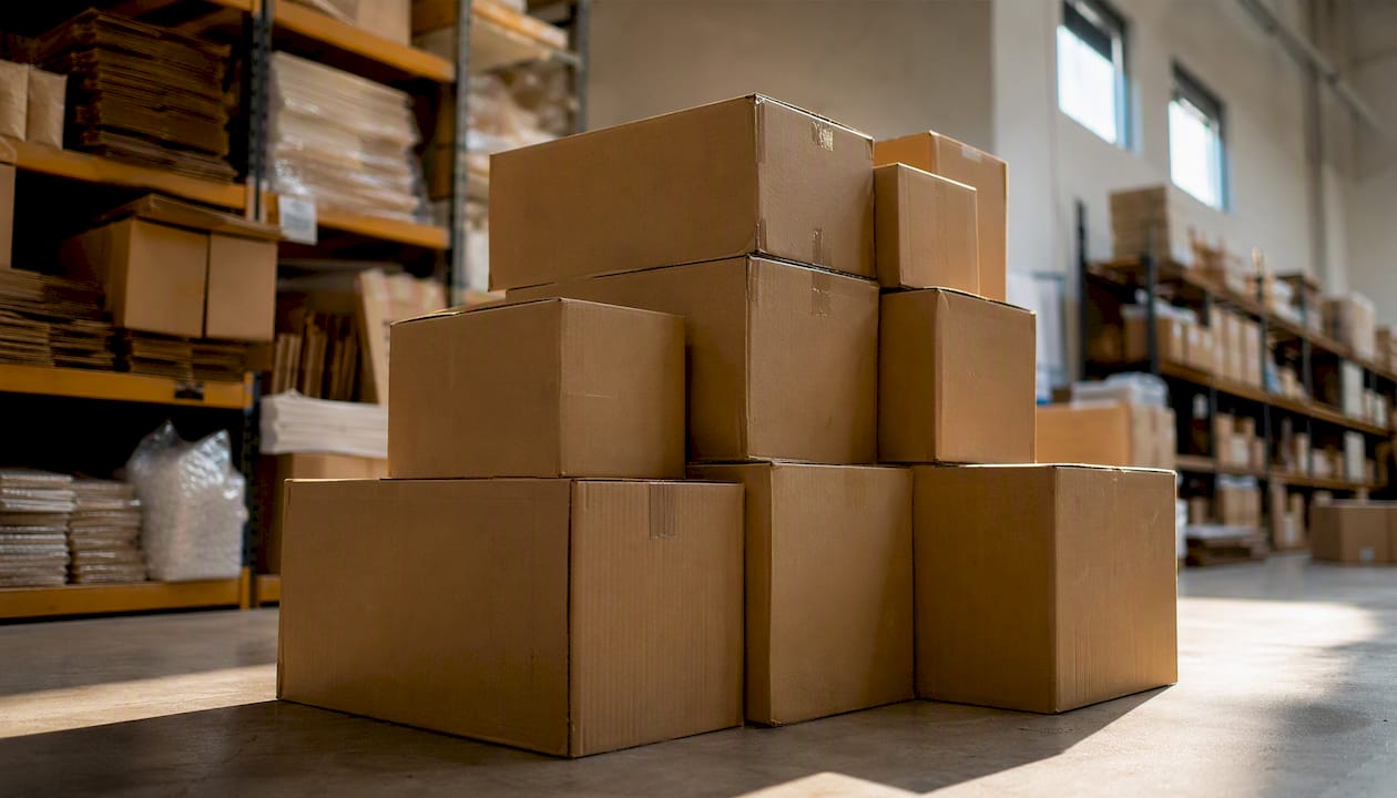 Stack of new corrugated cardboard boxes