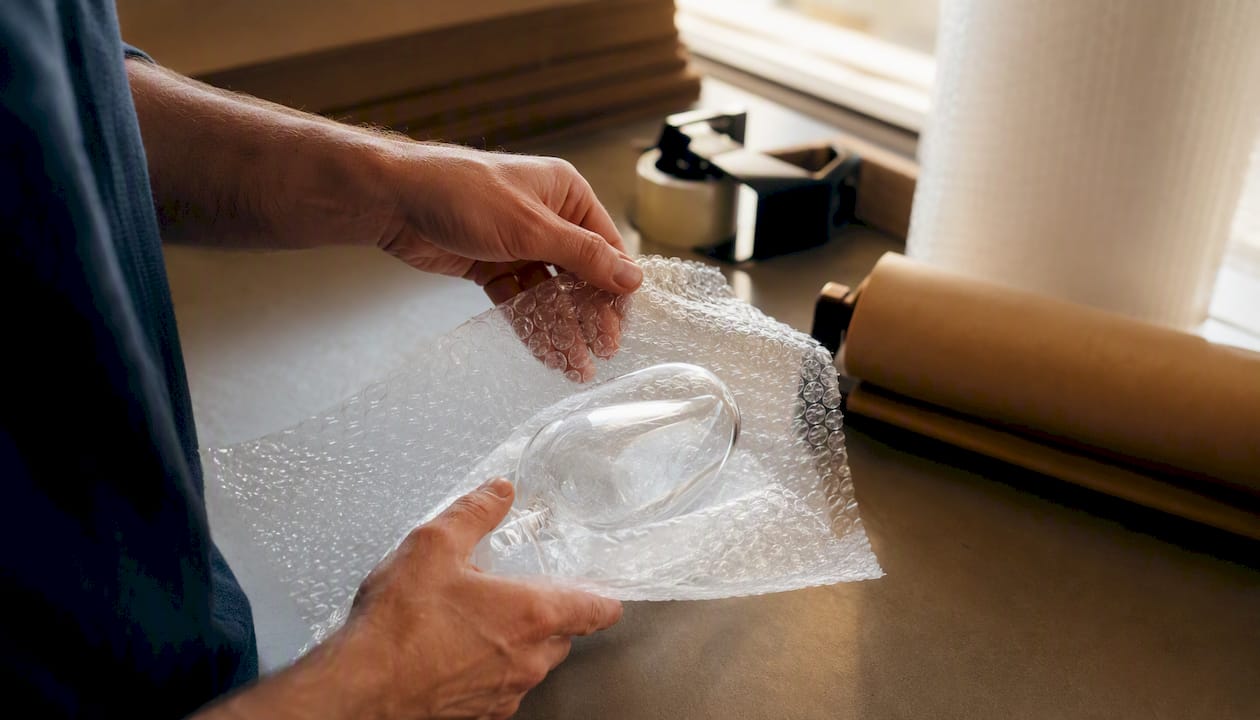 Hands wrapping fragile item in bubble wrap