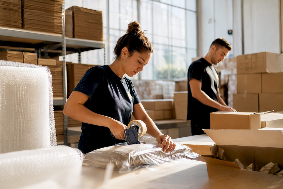 Warehouse hands packing and sealing boxes