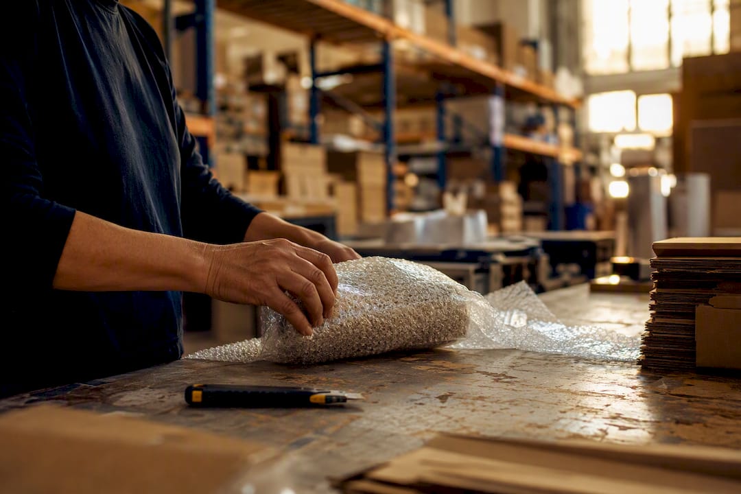 Hands bubble wrapping item in warehouse