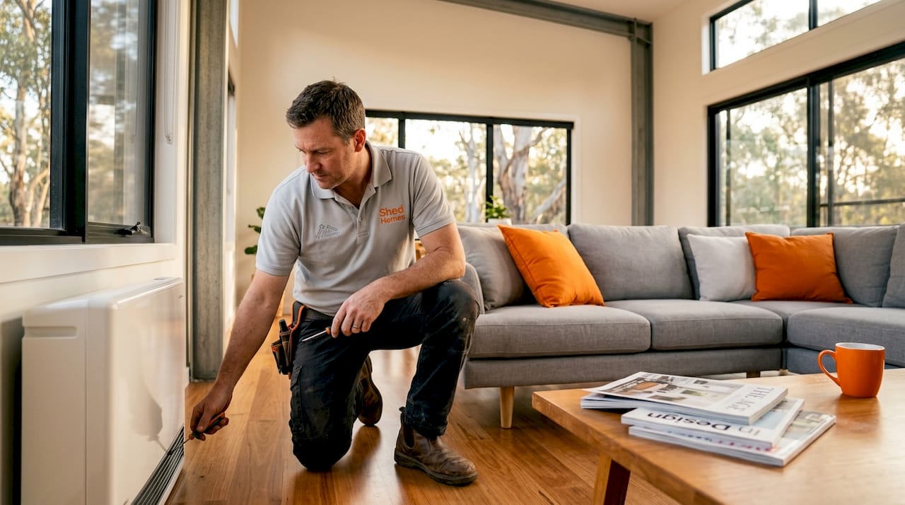 Technician checks steel kit home interior