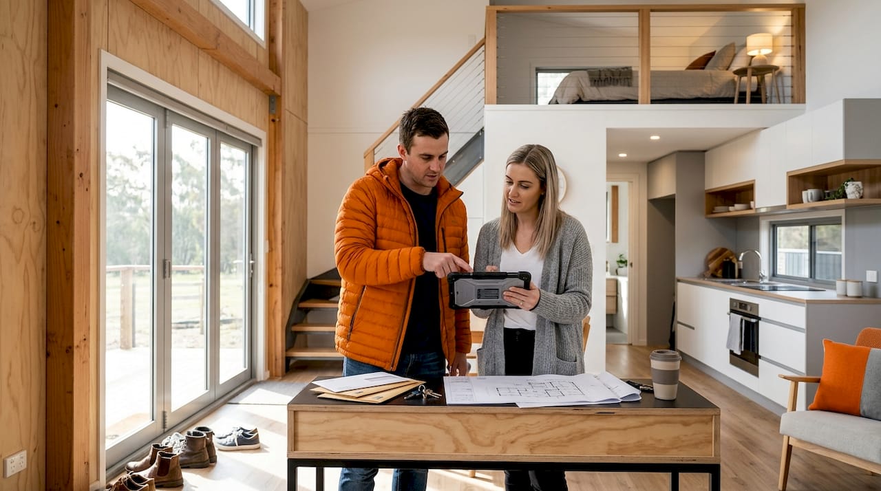 Couple discussing two-storey shed layout