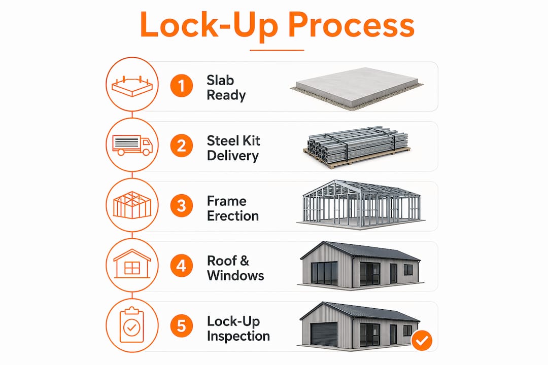 Infographic illustrating shed home lock-up timeline steps