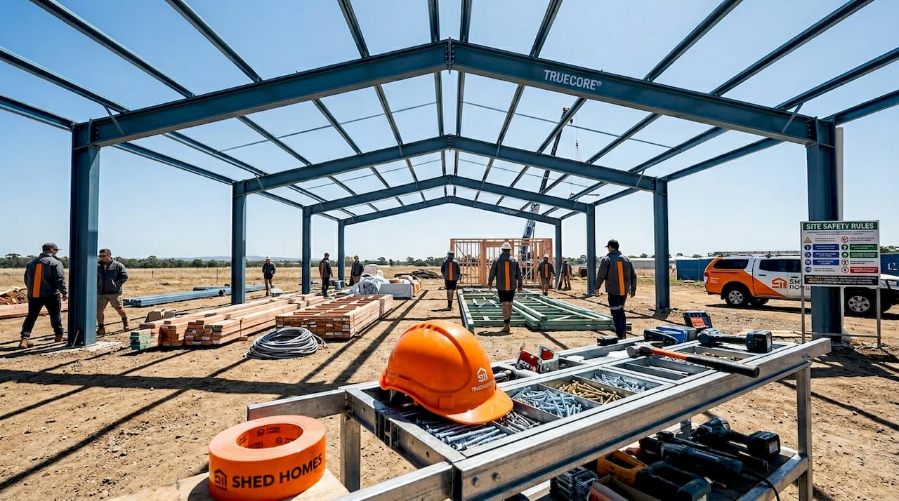 Steel frame construction inside large span shed home