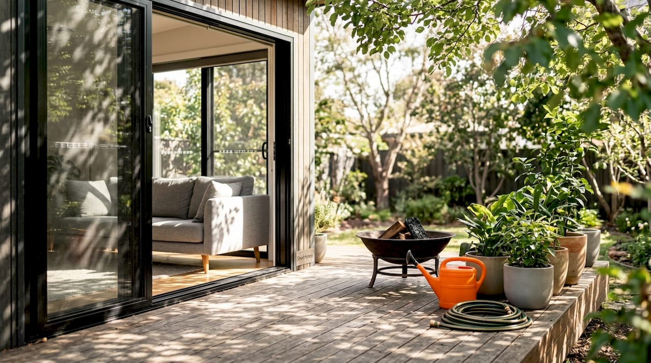 Connecting patio and interior of shed home