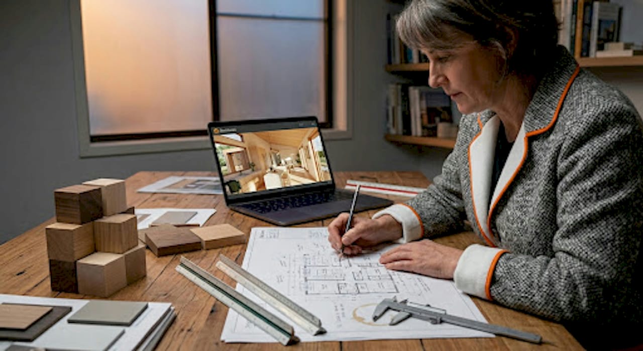 Designer adjusting shed home floor plans at drafting desk