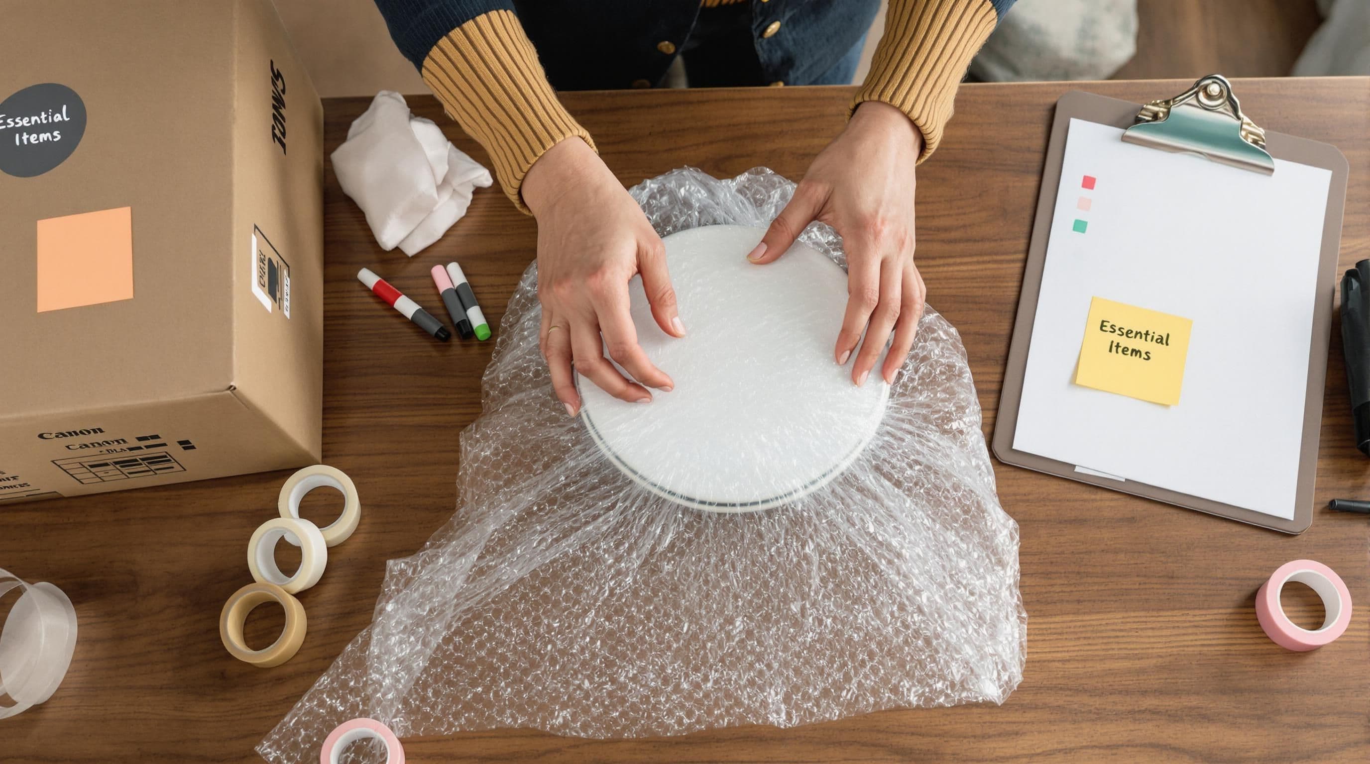 Hands wrapping dish in bubble wrap with organized moving boxes