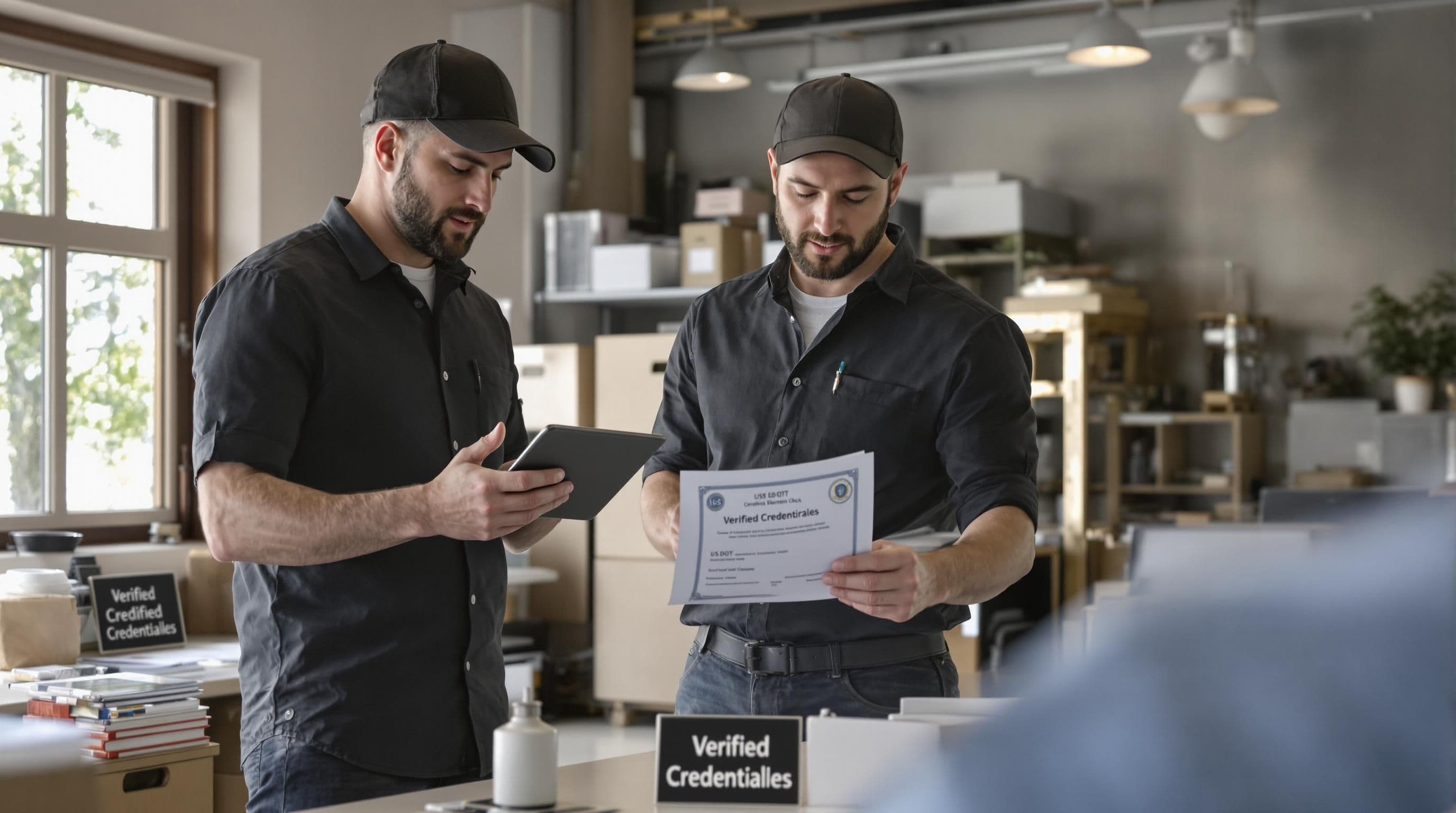Movers verifying credentials and USDOT documents at office desk marked 'Credential Check'