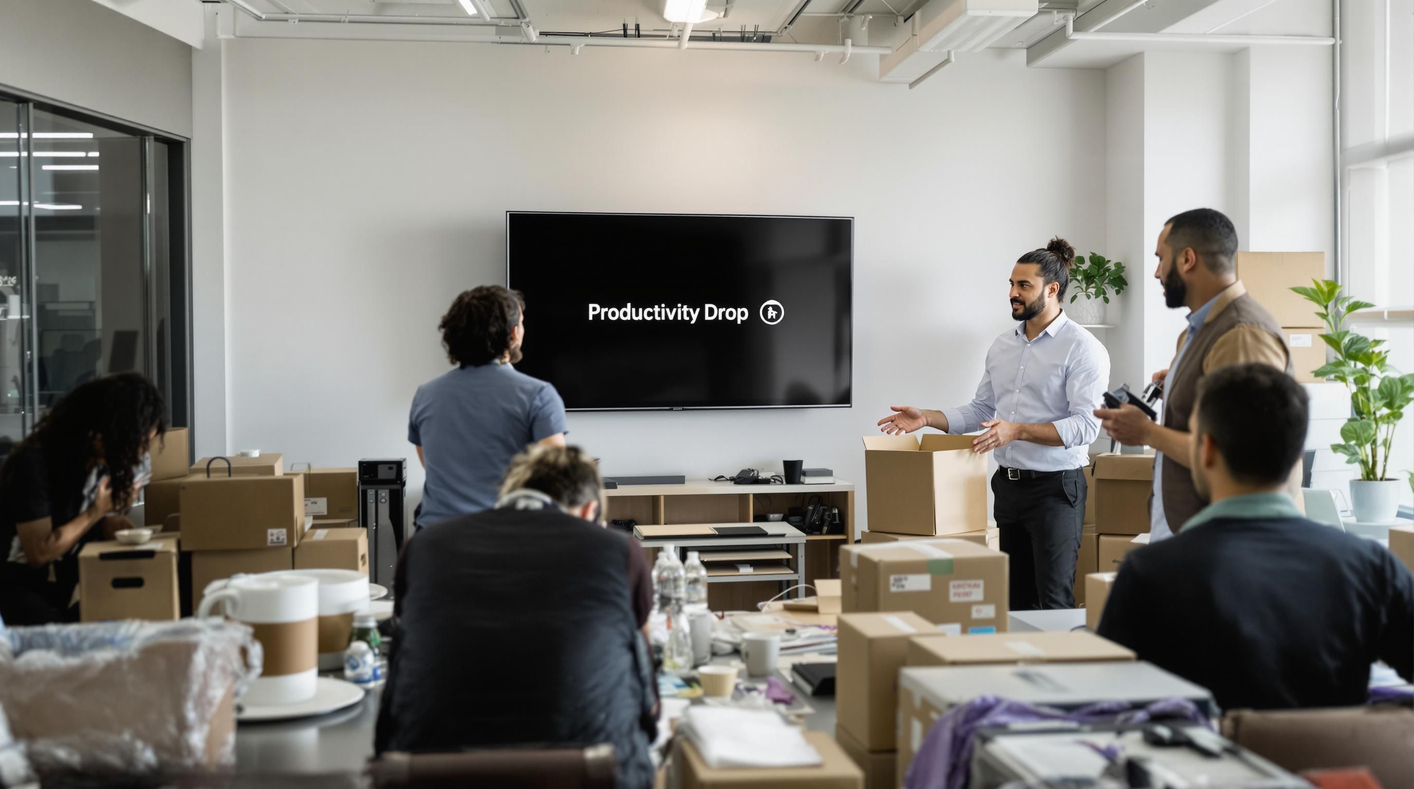 Office relocation with employees and screen reading 'Productivity Drop'