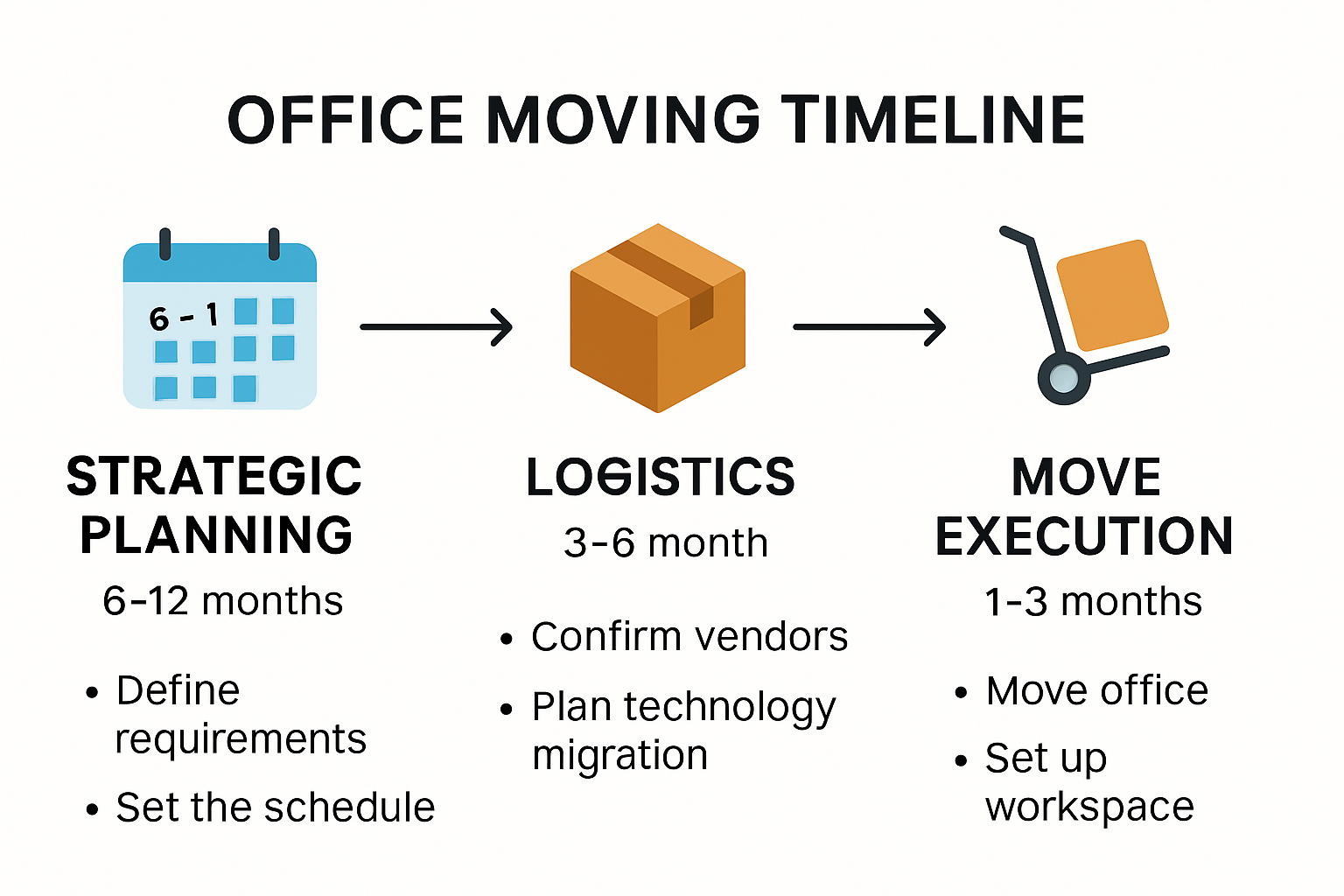 Visual timeline of office move stages and milestones