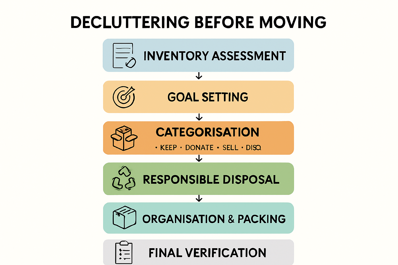 Step-by-step decluttering process before a move visual guide