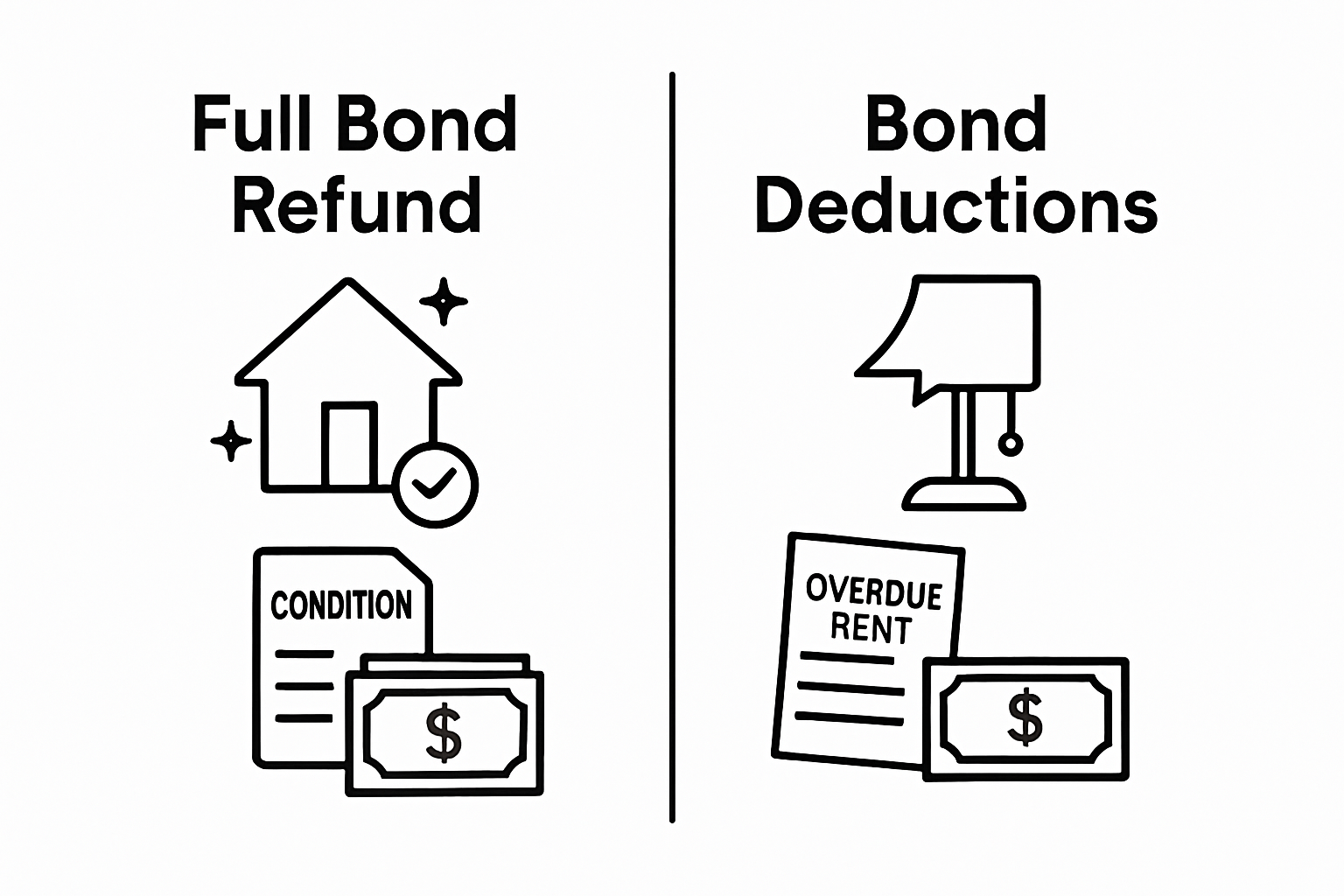 Infographic comparing full bond refund vs bond deductions with icons and cash amounts