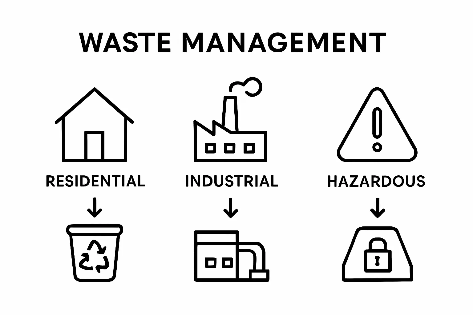 Three main waste types and their management paths illustrated