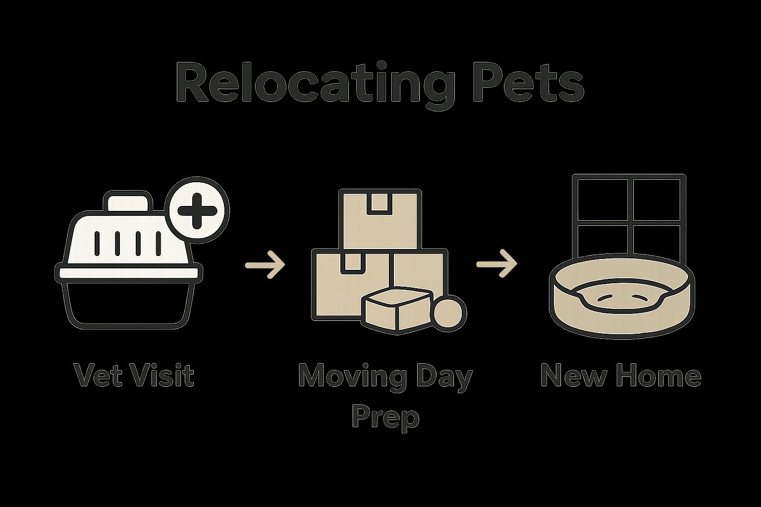 Three-step infographic for moving pets: vet, moving prep, new home
