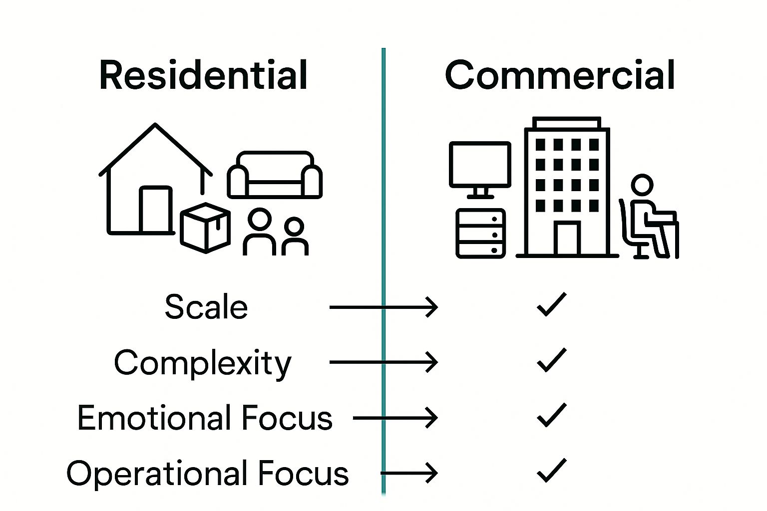 Side-by-side visual comparing residential and commercial moving