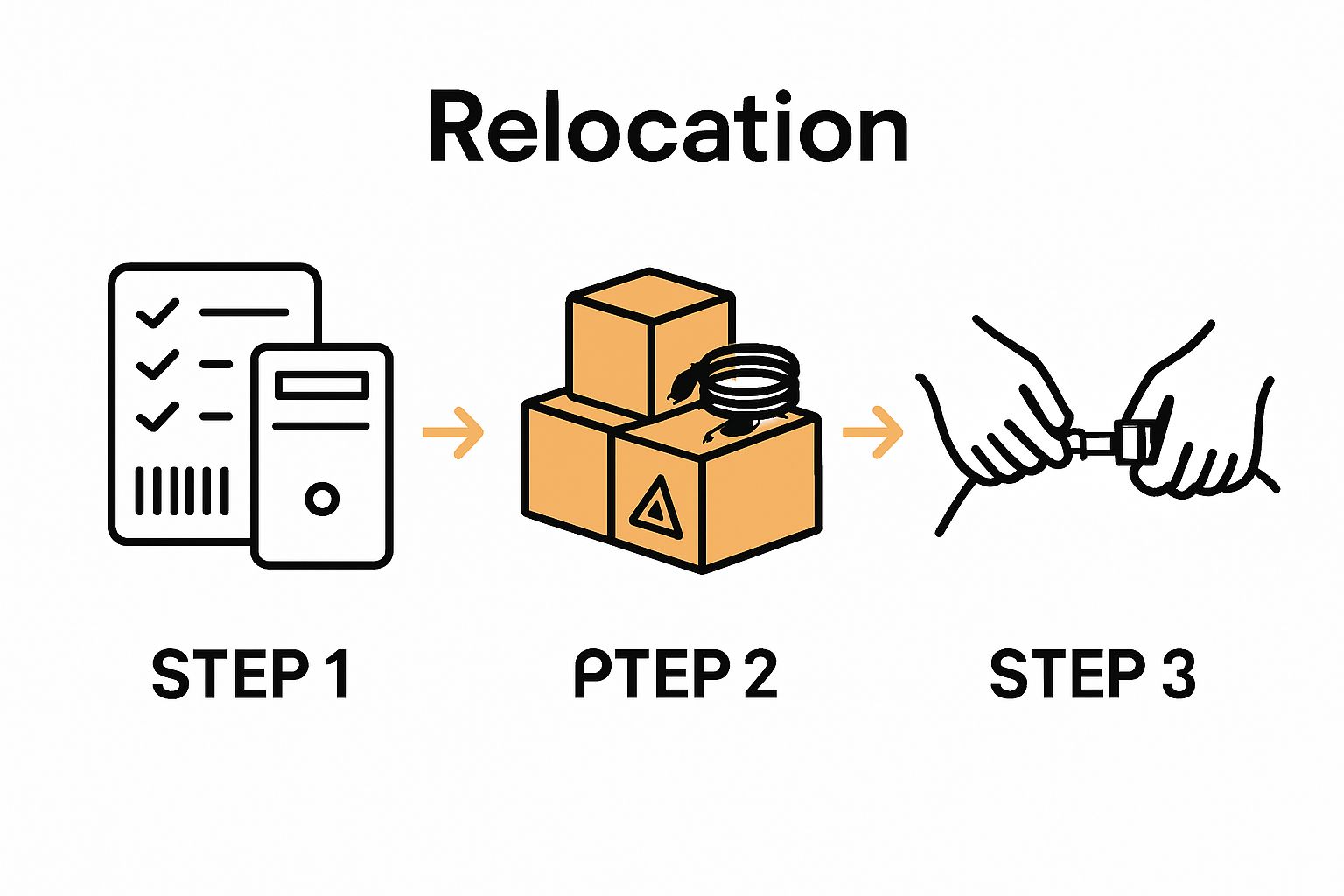 Three-step IT equipment relocation workflow diagram